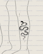 Leg placement gothic serpent tattoo, skeletal snake design in precise blackwork line art digital stencil. 