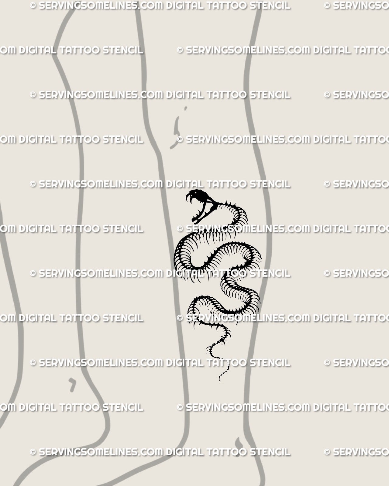 Leg placement gothic serpent tattoo, skeletal snake design in precise blackwork line art digital stencil. 