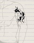 Men’s arm tattoo stencil of serpent and witch hand with thorns, gothic digital blackwork line art design. 