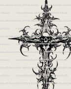 Gothic skull cross tattoo stencil digital product showing full design with spiked thorned cross and dark cyber tribal flow
