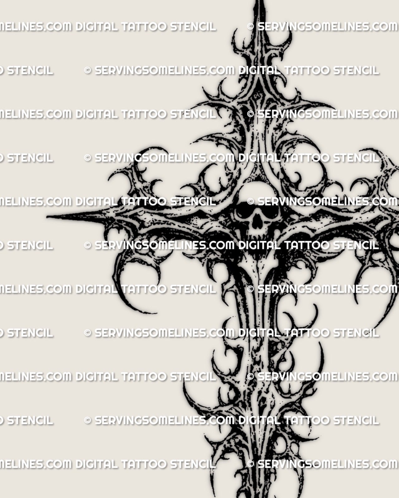 Gothic skull cross tattoo stencil digital product showing full design with spiked thorned cross and dark cyber tribal flow

