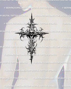 Gothic skull cross tattoo stencil digital product shown on mens shoulder back placement with dark spiked cross design
