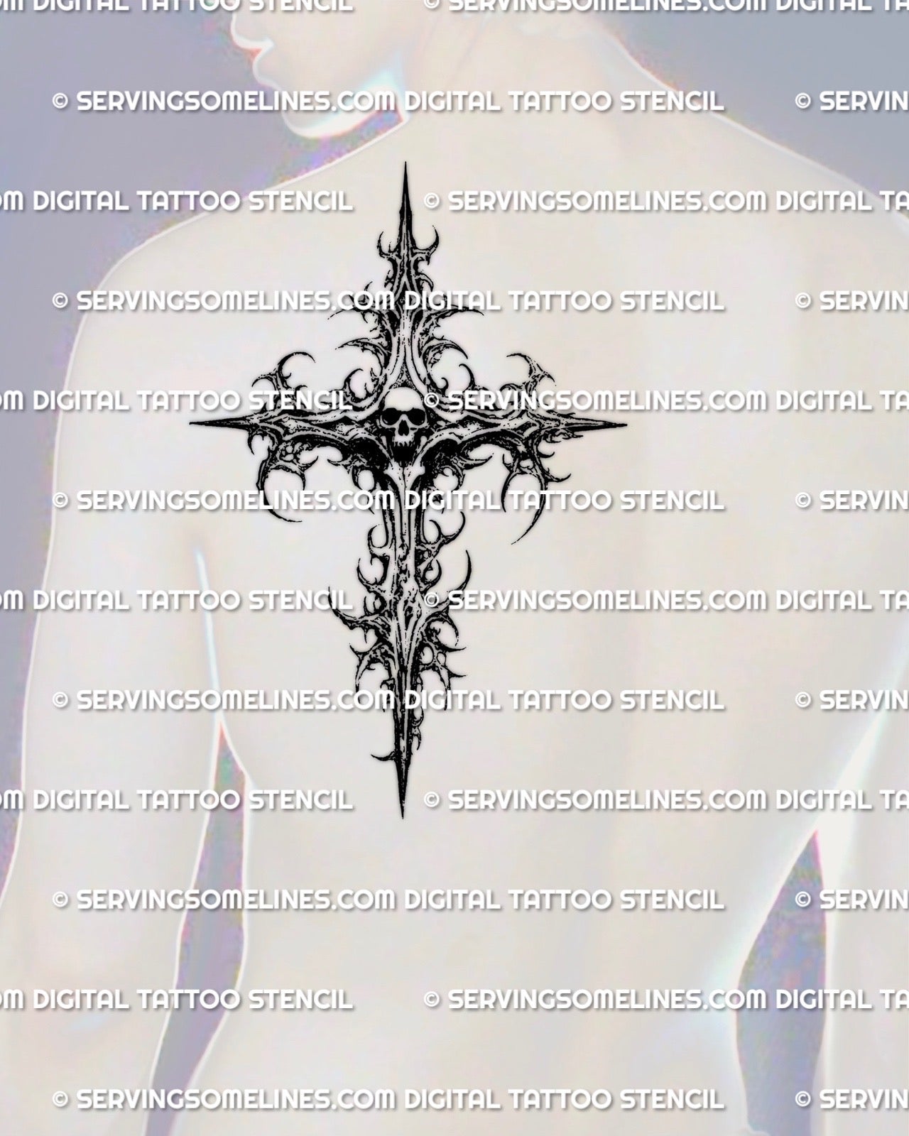 Gothic skull cross tattoo stencil digital product shown on mens shoulder back placement with dark spiked cross design
