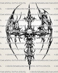 Gothic skull cross tattoo design with winged cyber tribal structure, sharp neotribal linework and dark symbolic composition
