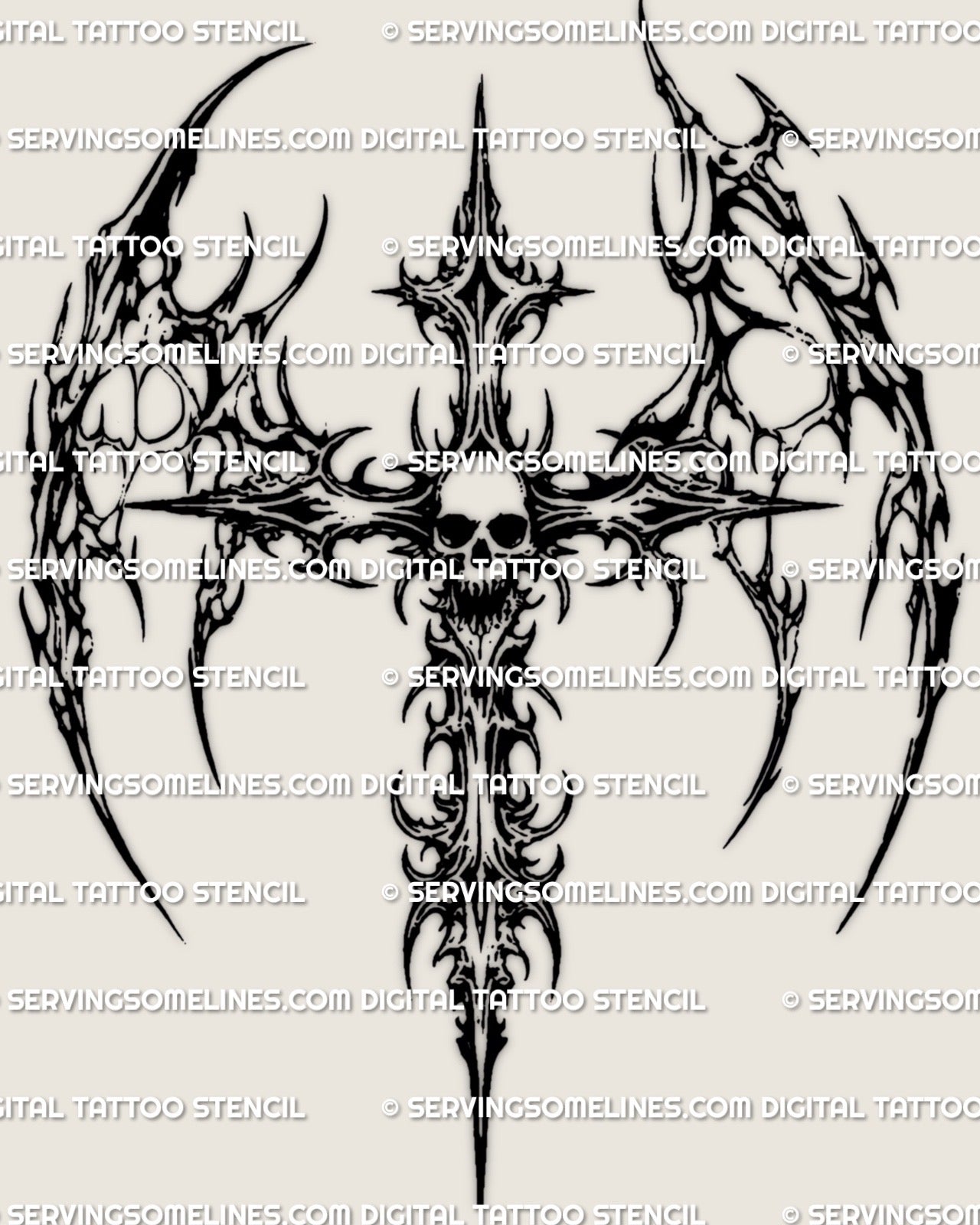 Gothic skull cross tattoo design with winged cyber tribal structure, sharp neotribal linework and dark symbolic composition
