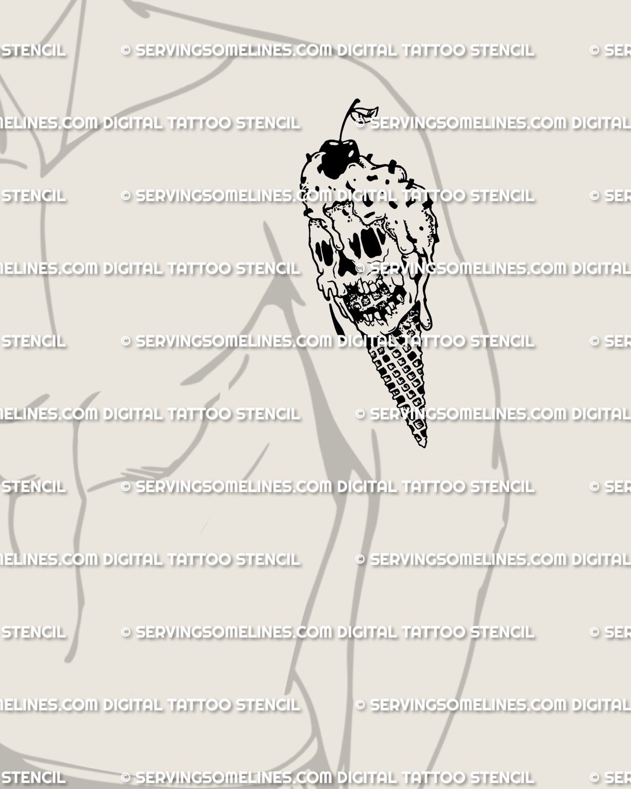 Gothic skull ice cream tattoo displayed on men’s arm, gothic horror cone design for spooky but playful flash concept.