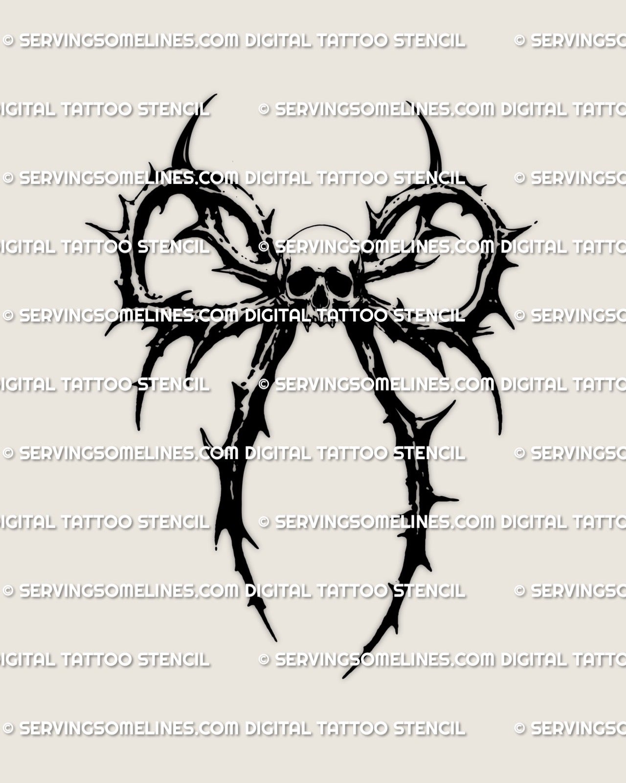 Gothic skull thorn bow tattoo stencil shown as a digital product, clean dark goth linework for buyers looking to download a gothic skull tattoo design