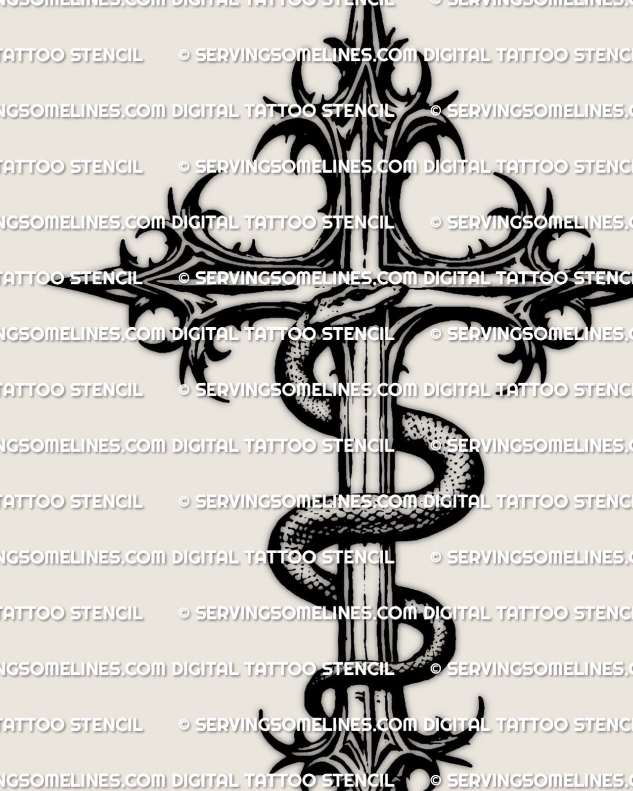 Snake wrapped cross tattoo stencil, gothic cross with coiled serpent wrapped around a sharp vertical spine, blackwork line art.