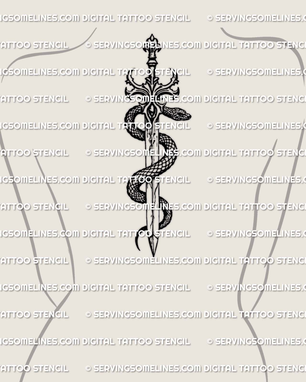 Gothic snake sword tattoo stencil shown on upper back spine placement, vertical blade with coiled serpent.