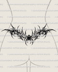 Gothic spider lower back tattoo stencil shown on female lower back placement, dark blackwork tramp stamp design preview