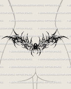 Gothic spider lower back tattoo stencil shown on female lower back placement, dark blackwork tramp stamp design preview