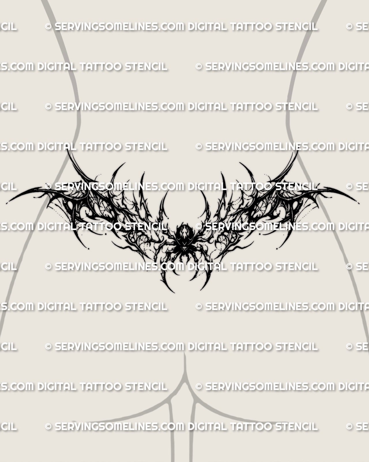 Gothic spider lower back tattoo stencil shown on female lower back placement, dark blackwork tramp stamp design preview