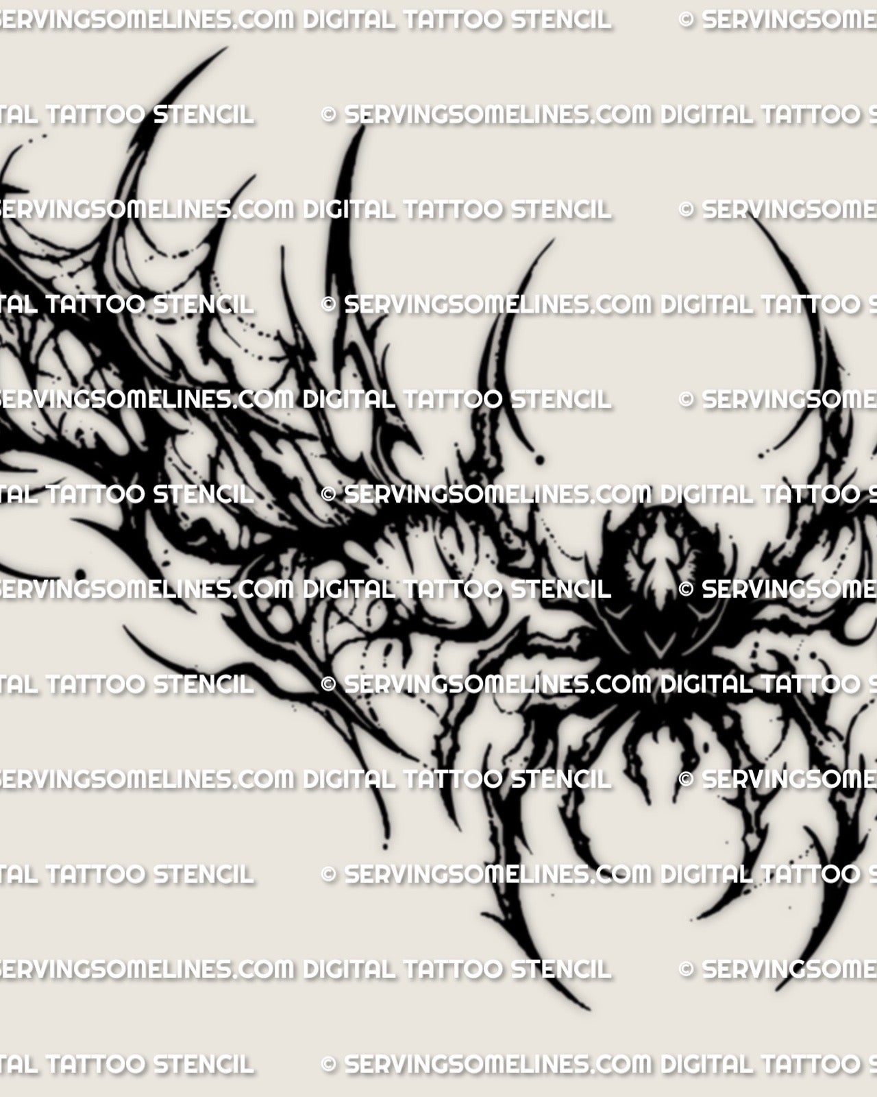 Close view of gothic spider lower back tattoo stencil with blackwork spiderweb detailing and centered spider motif
