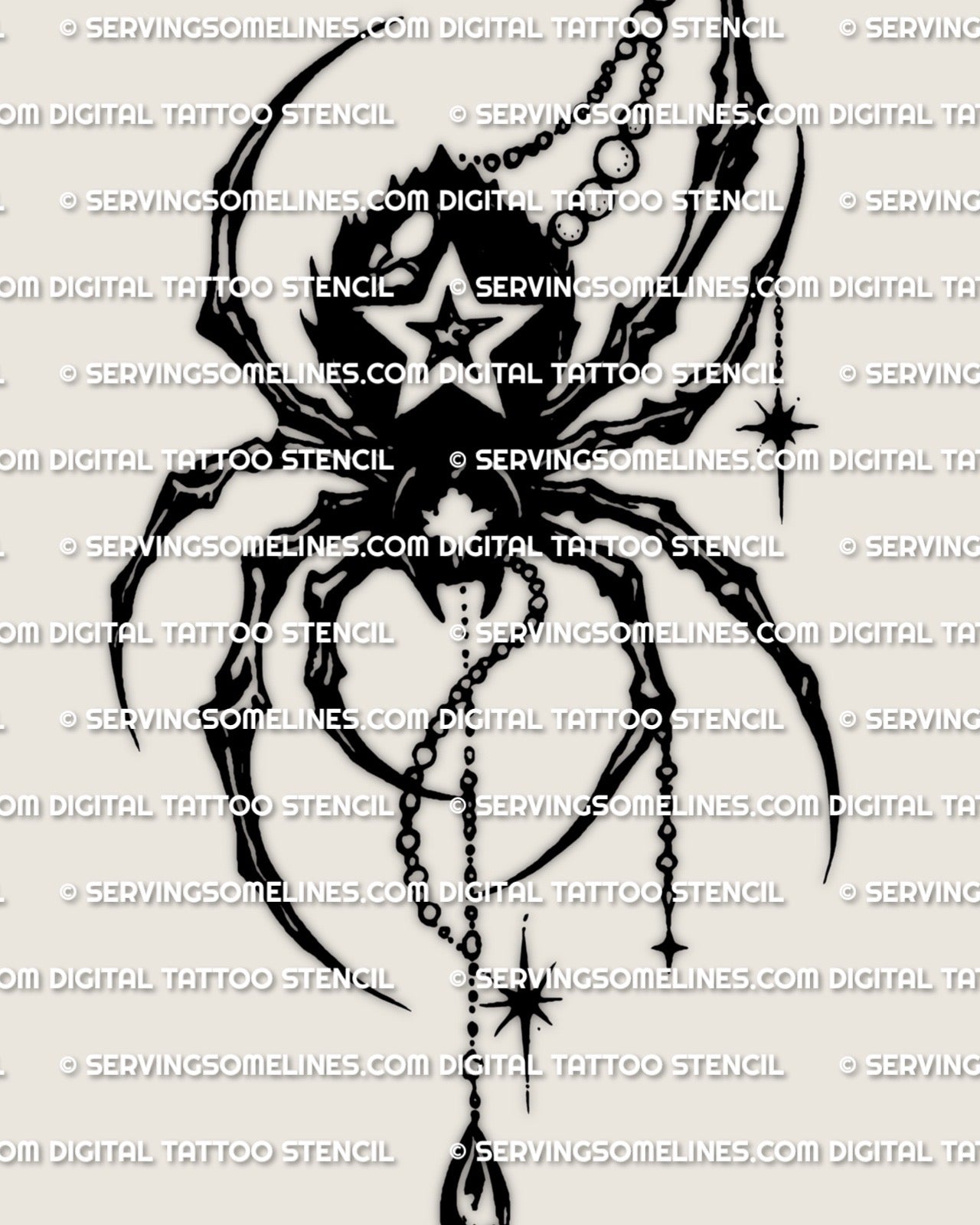 Close detail of gothic spider tattoo showing the star cutout, black body shape, and hanging charm elements