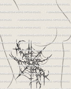 Gothic spider web tattoo stencil displayed on womens ribs placement preview, dark web design with printable digital files.