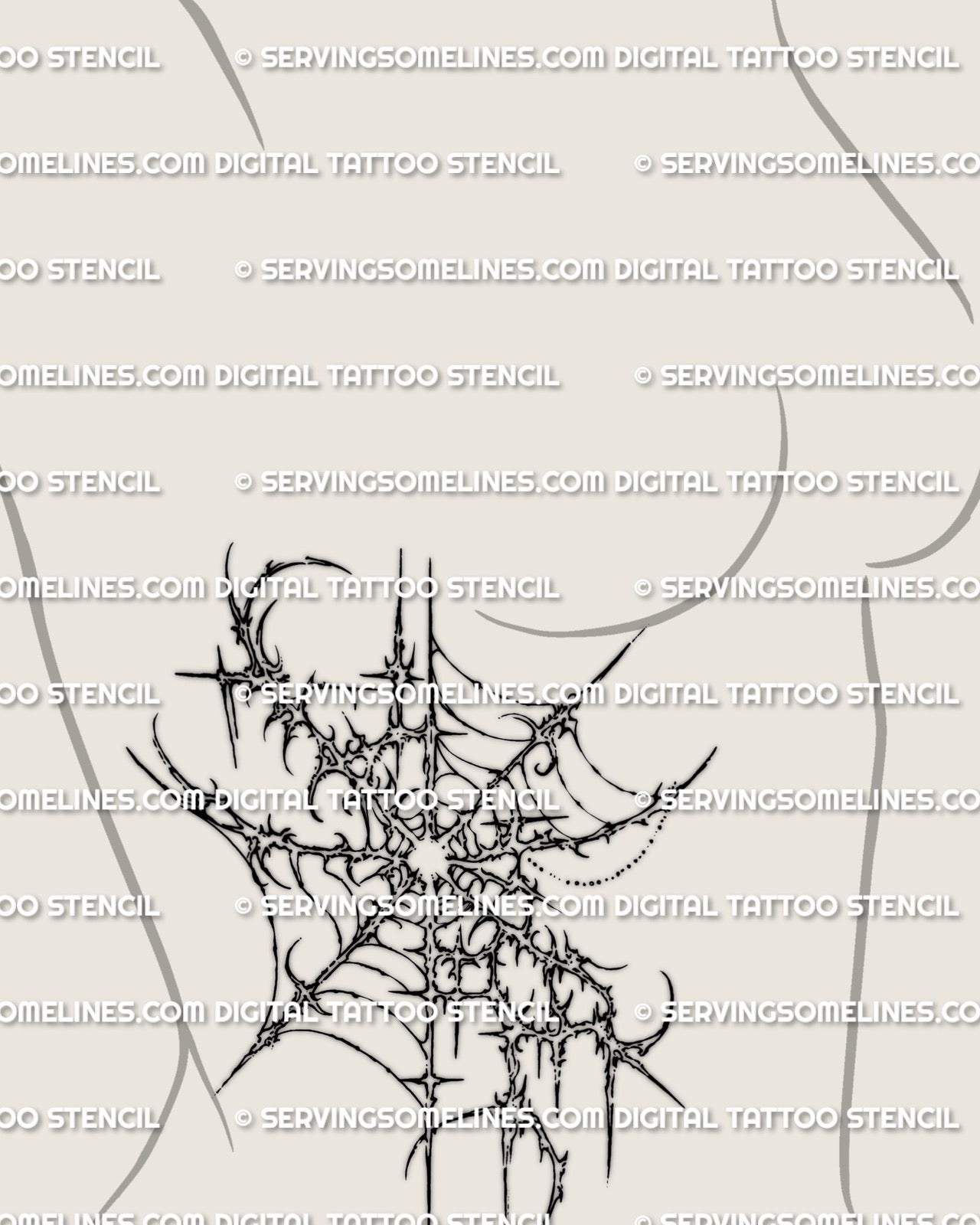 Gothic spider web tattoo stencil displayed on womens ribs placement preview, dark web design with printable digital files.