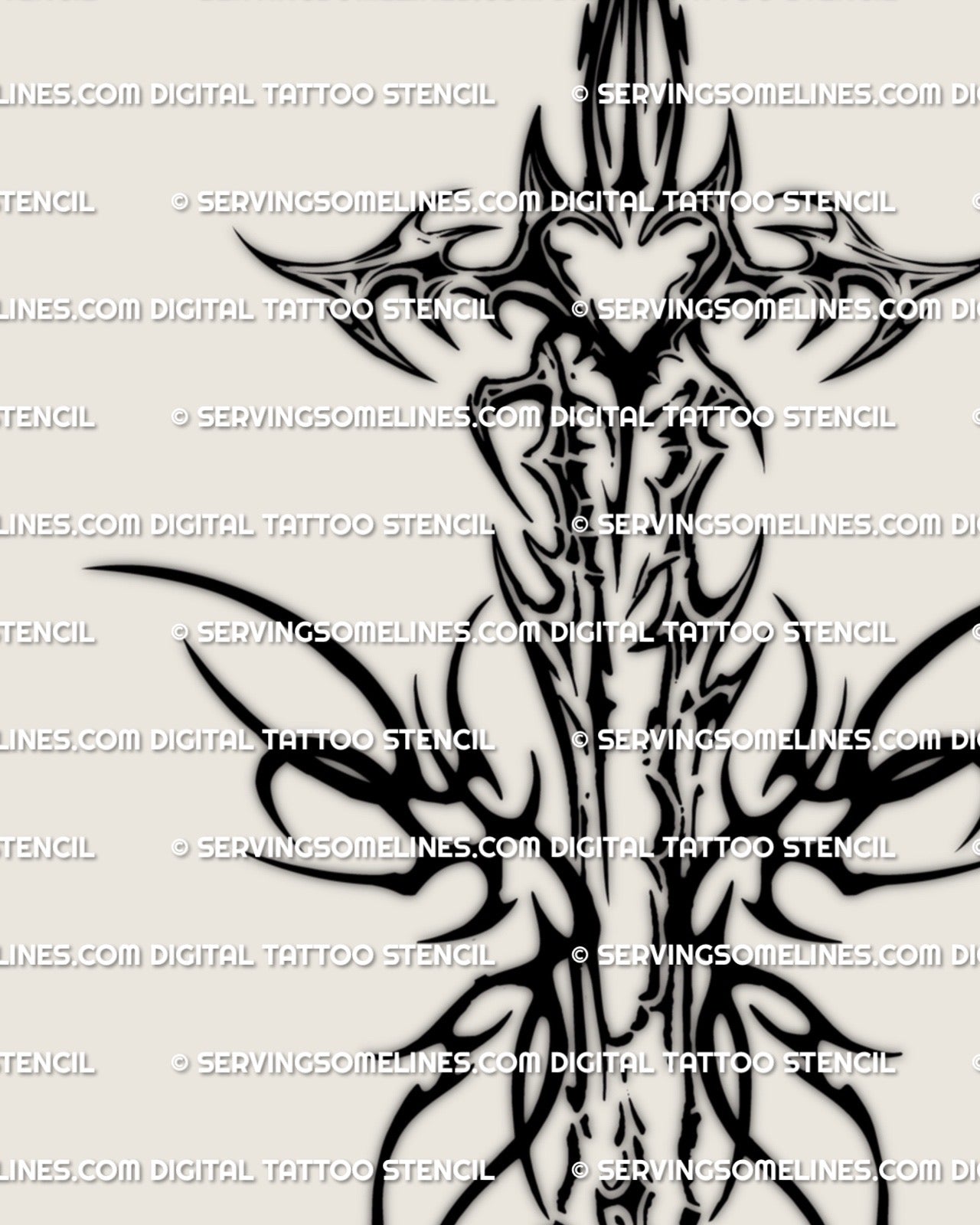 Close up of a gothic spike sword tattoo stencil featuring sharp neotribal lines, heart crest, and ornate blade detailing for dark tattoo ideas