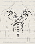 Digital tattoo stencil on male back showing gothic cyber sigil wings following spine, bold ornamental blackwork with heart motif. 