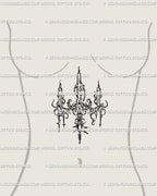 Gothic sternum tattoo idea for women, chandelier candle stencil in cybersigilism and neotribal style, bold ornamental centerpiece digital design.