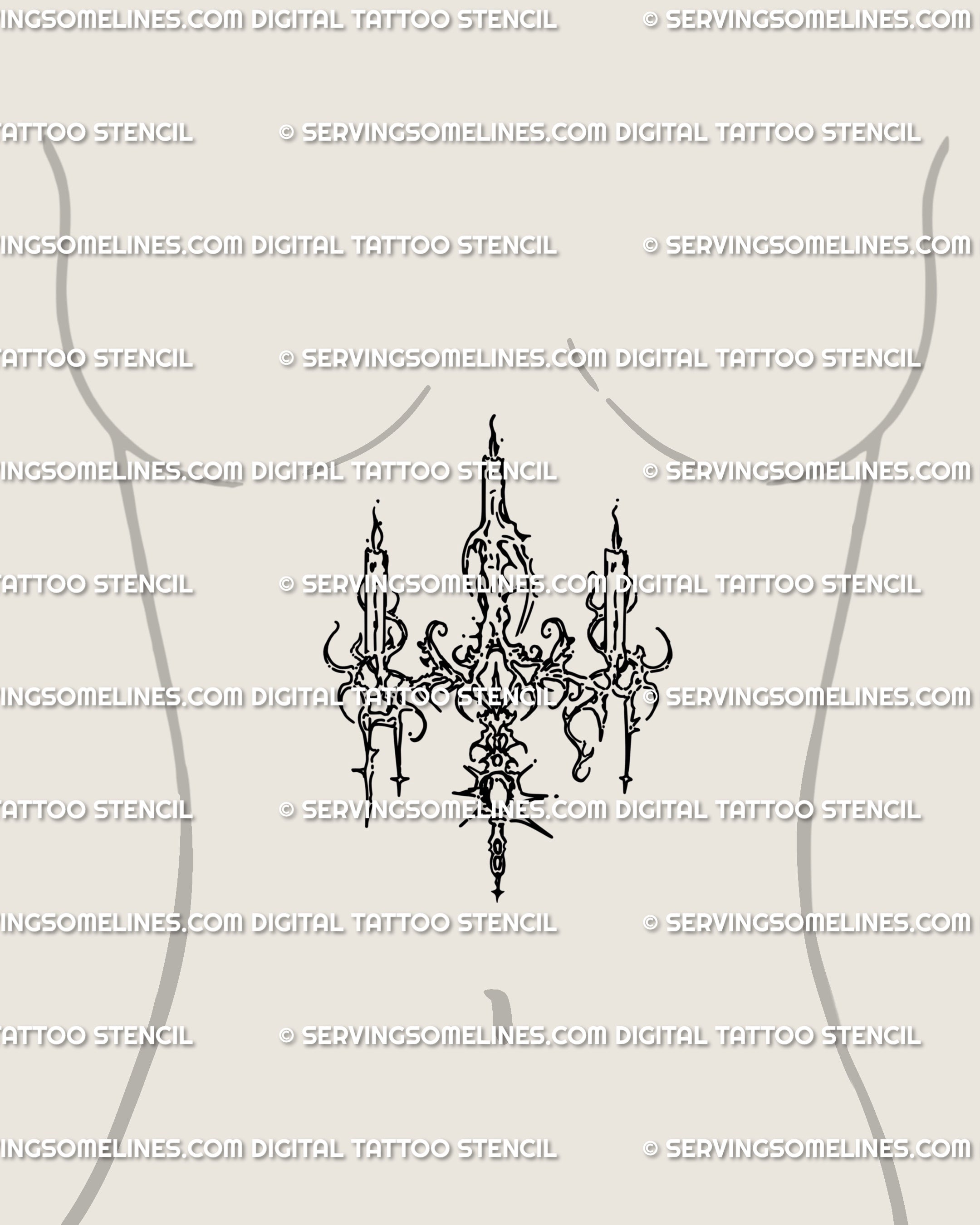 Gothic sternum tattoo idea for women, chandelier candle stencil in cybersigilism and neotribal style, bold ornamental centerpiece digital design.