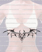 Gothic sternum tattoo stencil shown on female underbreast placement, winged heart design offered as a digital stencil product for people buying goth tattoo files