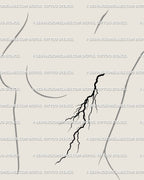 Gothic storm tattoo stencil placed on female side ribs, lightning strike artwork with ornamental neotribal rhythm and clean modern energy.