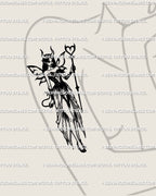 Women’s arm tattoo idea showing gothic succubus fairy stencil with horns and staff, elegant dark feminine occult fantasy linework 