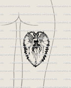 Gothic succubus fairy tattoo shown on back of thigh, horror fantasy demon girl design with rose heart frame.