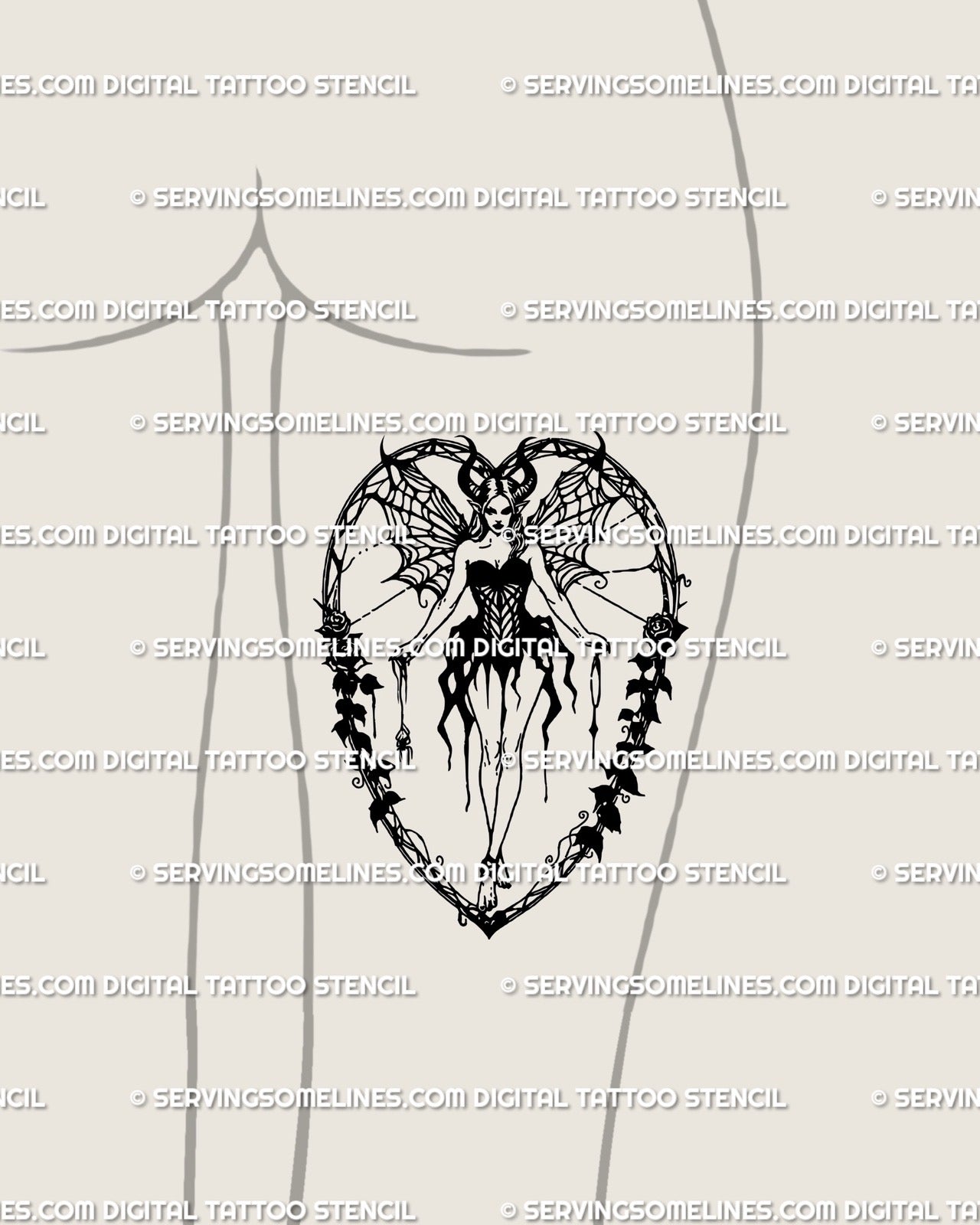 Gothic succubus fairy tattoo shown on back of thigh, horror fantasy demon girl design with rose heart frame.