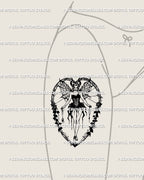 Gothic succubus tattoo displayed on woman’s front thigh, dark feminine fairy with horns and heart-shaped wings.