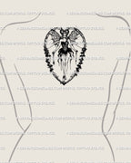 Gothic succubus tattoo displayed on upper back, spiderweb wings and horned demon fairy in heart frame.