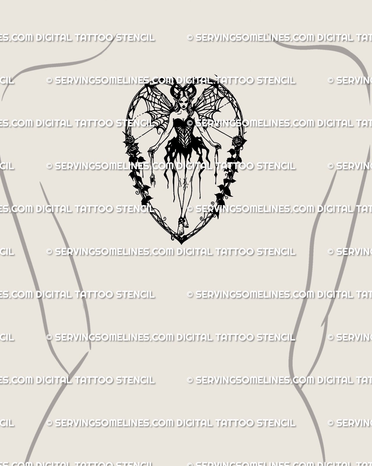 Gothic succubus tattoo displayed on upper back, spiderweb wings and horned demon fairy in heart frame.