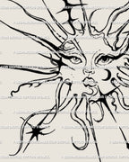 Gothic sun with face tattoo design, fine-line celestial stencil blending tribal symmetry, moon-star detail, and ornamental cybersigilism art.