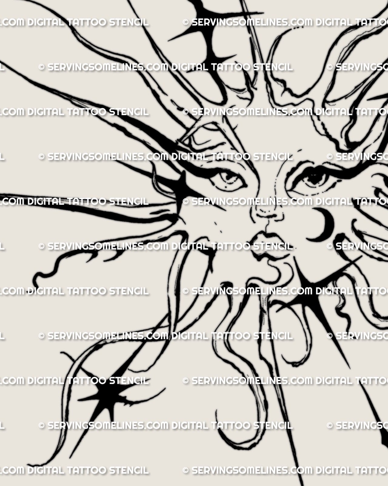 Gothic sun with face tattoo design, fine-line celestial stencil blending tribal symmetry, moon-star detail, and ornamental cybersigilism art.