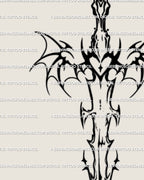 Neotribal gothic sword tattoo stencil with sharp bat wings and heart core, digital fantasy blade artwork for spine, arm, or sternum placement.