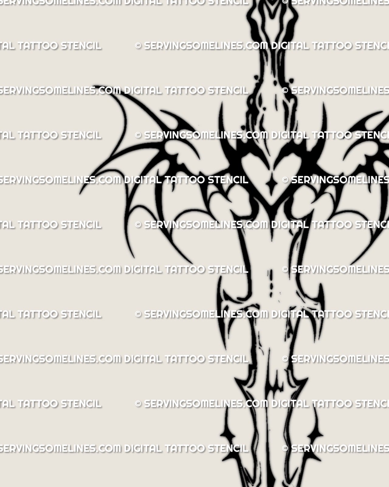 Neotribal gothic sword tattoo stencil with sharp bat wings and heart core, digital fantasy blade artwork for spine, arm, or sternum placement.