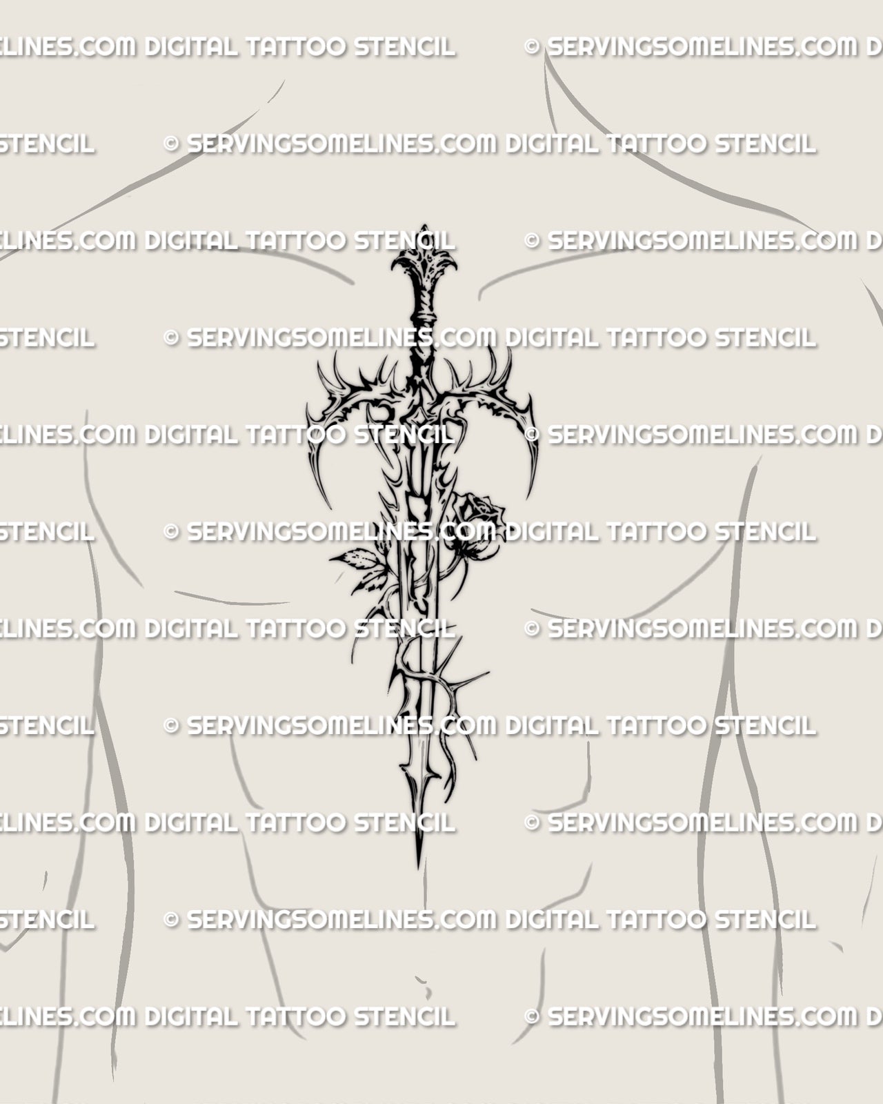 Gothic sword with rose stencil centered on a man’s chest, bold vertical blade shown as a printable product for men wanting structured gothic tattoo designs