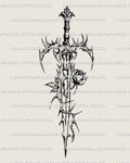 Gothic sword with rose tattoo stencil shown as a digital product, detailed thorned blade design for buyers searching gothic sword tattoo stencils for men