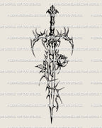 Gothic sword with rose tattoo stencil shown as a digital product, detailed thorned blade design for buyers searching gothic sword tattoo stencils for men
