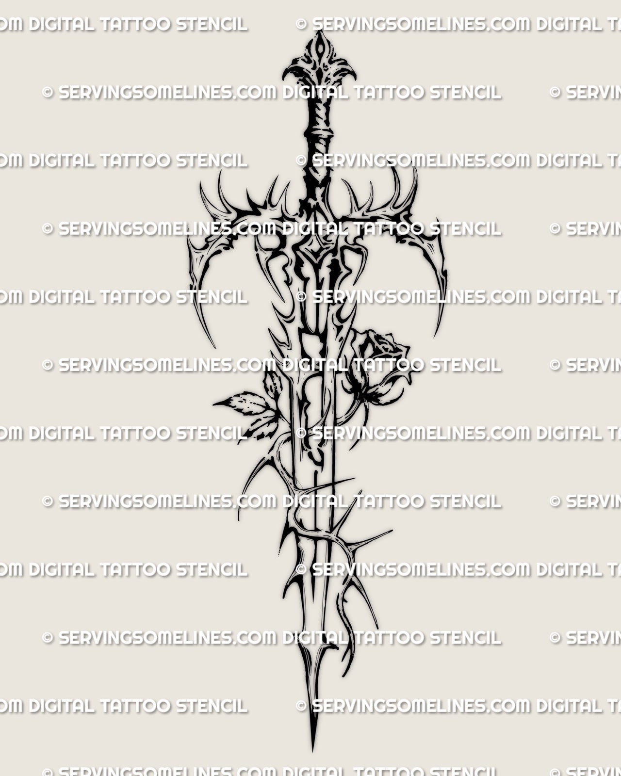 Gothic sword with rose tattoo stencil shown as a digital product, detailed thorned blade design for buyers searching gothic sword tattoo stencils for men