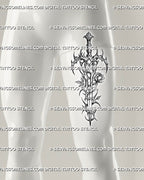 Gothic sword with rose tattoo stencil shown on men’s front thigh, with dark vertical blade, thorn details, and readable placement preview