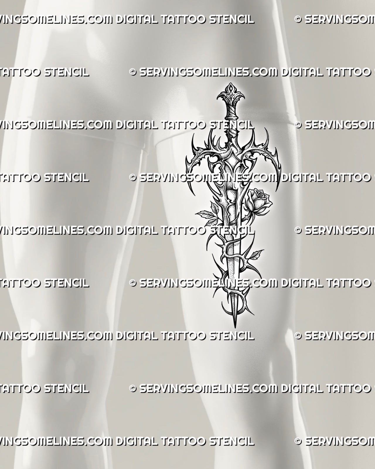 Gothic sword with rose tattoo stencil shown on men’s front thigh, with dark vertical blade, thorn details, and readable placement preview