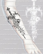 Gothic sword tattoo stencil displayed on a man’s forearm, tall thorned blade shown as a downloadable product for men wanting dark gothic tattoo designs