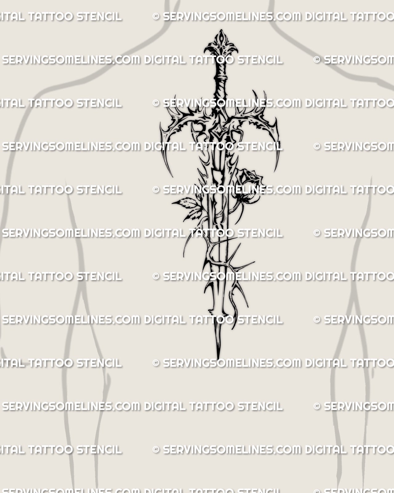Gothic sword tattoo stencil placed on a man’s upper back, tall shaded blade shown as a digital product for men looking for gothic tattoos with strong structure