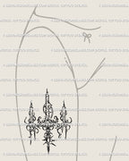 Gothic thigh tattoo design for women, chandelier candle cybersigilism stencil with ornamental patterns, bold front thigh tattoo idea digital download.