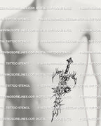 Gothic thorned blade tattoo stencil on a man’s side stomach, dark masculine design offered as a downloadable stencil for guys wanting gothic dagger tattoos
