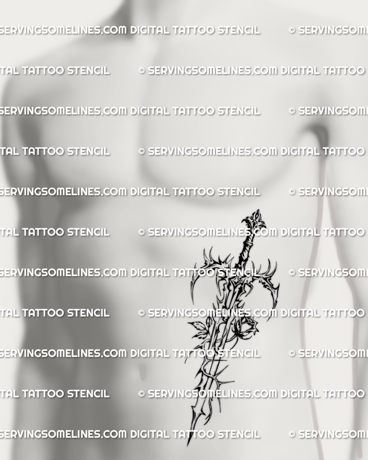 Gothic thorned blade tattoo stencil on a man’s side stomach, dark masculine design offered as a downloadable stencil for guys wanting gothic dagger tattoos