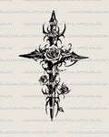 Gothic thorn and rose cross tattoo stencil with blackwork thorns and blooming roses, vertical cross design prepared for professional tattoo transfer.