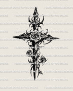 Gothic thorn and rose cross tattoo stencil with blackwork thorns and blooming roses, vertical cross design prepared for professional tattoo transfer.