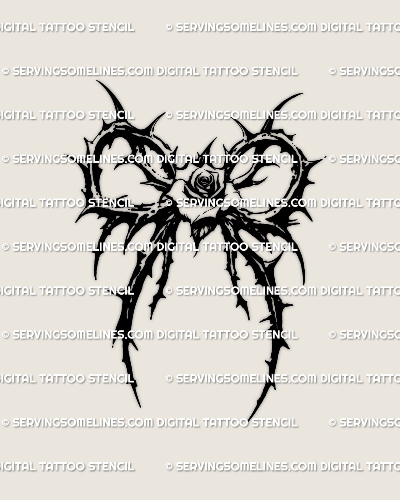 Gothic thorn rose tattoo design with a dark rose center and ribbon-like thorn framing